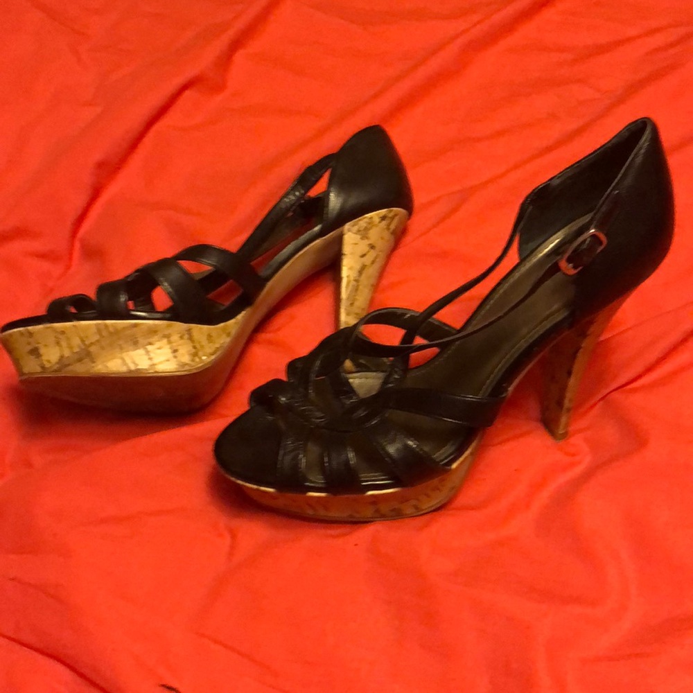Cork heel black strapped size 7.5